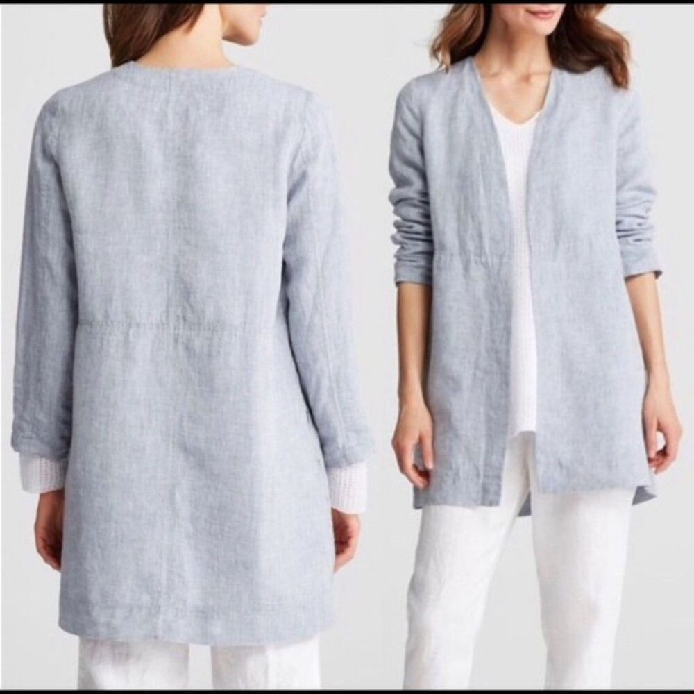 EILEEN FISHER womens Organic Handkerchief blue 100% Linen jacket medium petite